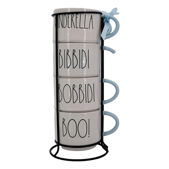 Rae Dunn Set of Four Stacking Coffee Mugs with Metal Rack (1 Broken Handle) - En - Picture 1 of 6